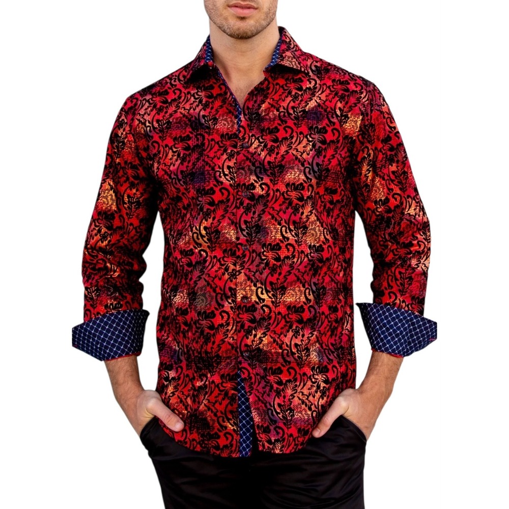 Bespoke Mens Red Black Floral Damask Burnout Velvet Button Down Shirt Small